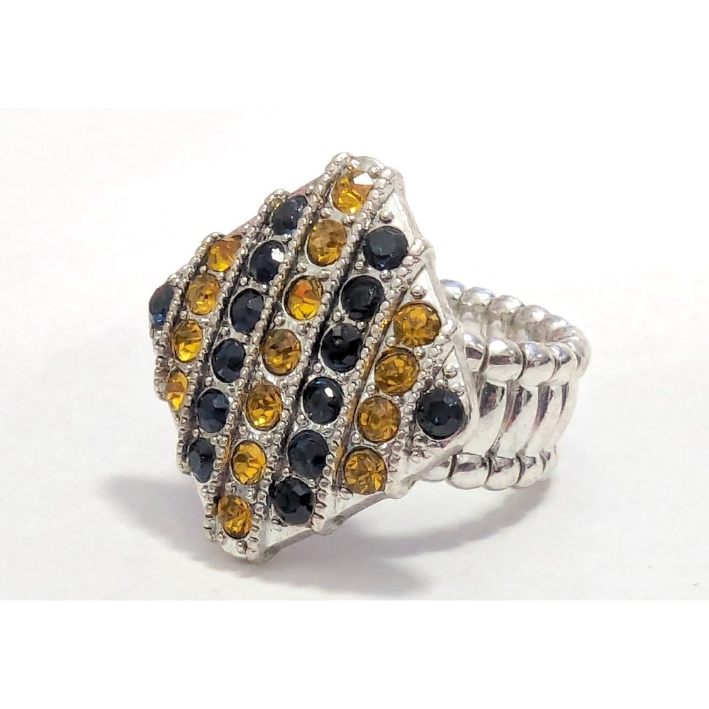 Statement Ring Silver Tone Black Gold Rhinestones Stretch‎ Plus Size Square New